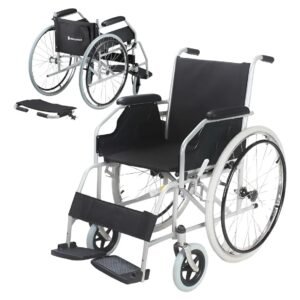 A imagem mostra uma cadeira de rodas D100 da Dellamed, com estrutura leve e dobrável, assento almofadado e apoio para braços e pés. Indicada para o transporte de idosos, pessoas com mobilidade reduzida ou em reabilitação, suportando até 100 kg com conforto e segurança.