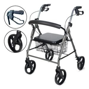 Andador 4 rodas Hidrolight em alumínio, com assento acolchoado, freios nas manoplas e altura ajustável, suportando até 135 kg, ideal para idosos e pessoas com mobilidade reduzida.