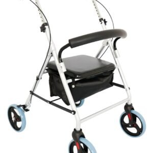 Andador D12 Dellamed para idosos e adultos, com assento acolchoado, quatro rodas, freios manuais nas manoplas e estrutura leve, ideal para mobilidade segura e conforto.