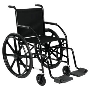 Cadeira de rodas manual para idosos com rodas anti-furo, assento de 40 cm, apoios de braços e pés, estrutura resistente e cor preta, ideal para transporte seguro e conforto do usuário.